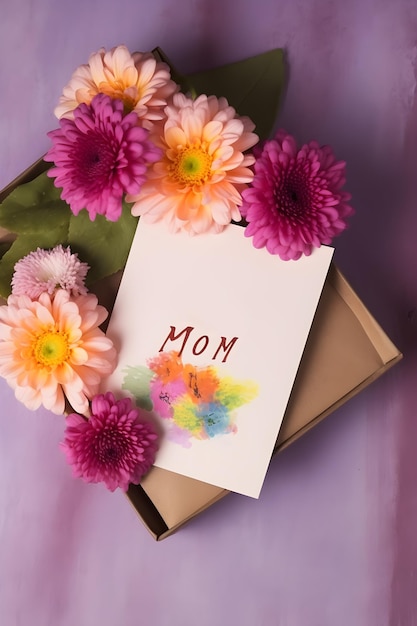 Foto gratuita flores con una tarjeta que dice mamá para el fondo rosado del día de la madre