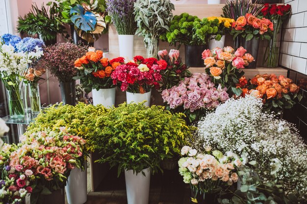 Flores en una tienda de flores, diferentes tipos.