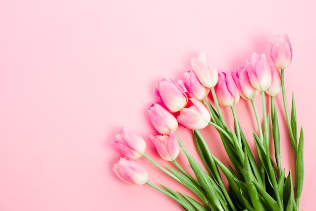 Flores de tulipán brillantes en mesa rosa