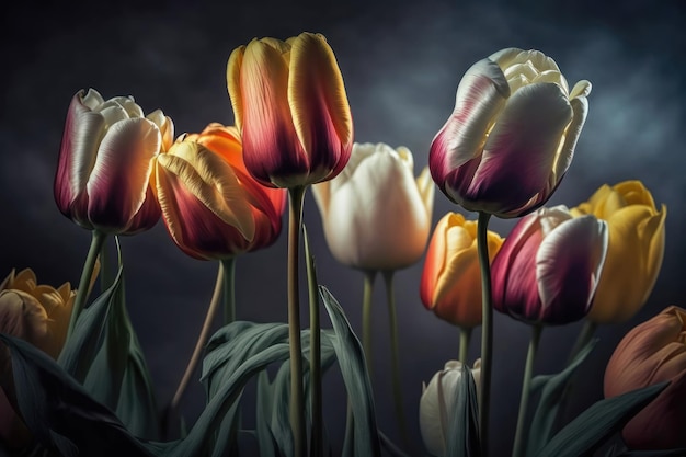 Flores de tulipán de primavera fresca flores en cartel floral horizontal Ramo de tulipanes rojos en tonos vibrantes aislado sobre fondo borroso Coloridas flores de primavera con hoja verde