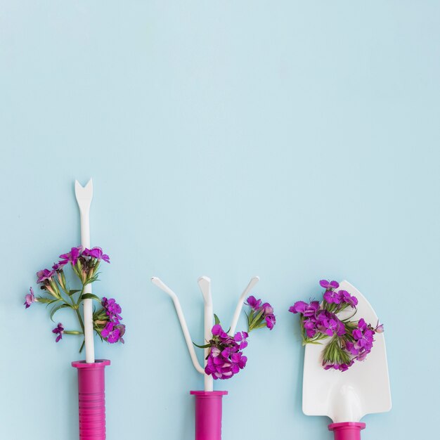 Flores violetas en herramientas de jardinería.