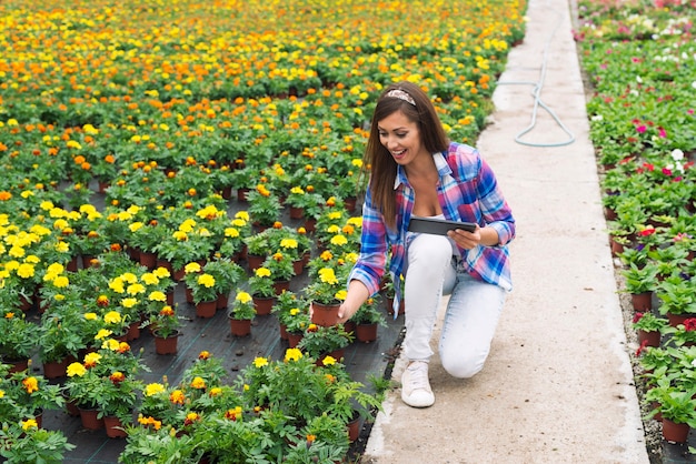 Floristería femenina comprobando la frescura de las plantas en macetas en el centro de jardinería