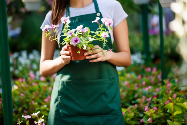 Floristería hermosa joven posando entre las flores.