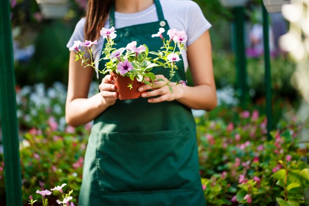 Floristería hermosa joven posando entre las flores.