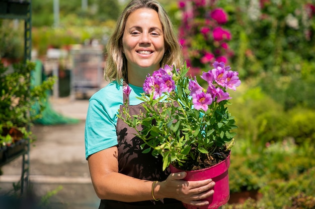 Floristería mujer alegre caminando en invernadero, sosteniendo la planta con flores en maceta, mirando a otro lado y sonriendo. Plano medio, vista frontal. Trabajo de jardinería o concepto de botánica