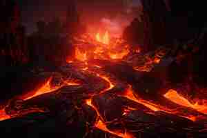 Foto gratuita flujo de lava con fuego ardiente pasos de fuego llevan a una escena en 3d de lava fluyendo sobre piedras