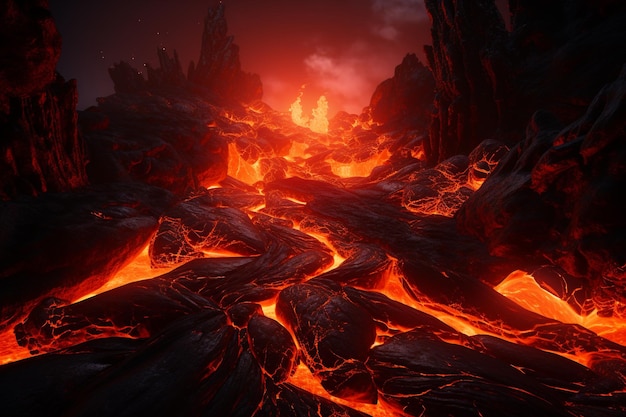 Flujo de lava con fuego ardiente Pasos de fuego llevan a una escena en 3D de lava fluyendo sobre piedras