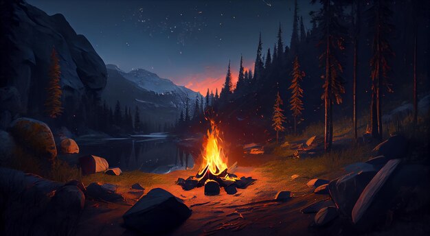 Fogata en el bosque en llamas nocturnas que iluminan la belleza de la naturaleza generada por IA