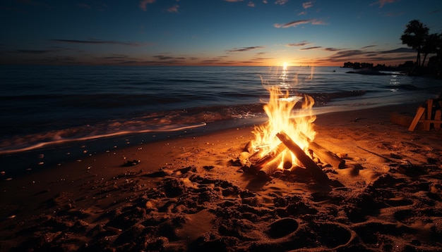 Una fogata llameante arde al atardecer reflejando la belleza en la naturaleza tranquila generada por la inteligencia artificial