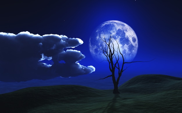 Fondo 3D de Halloween con un árbol fantasmagórico contra un cielo iluminado por la luna