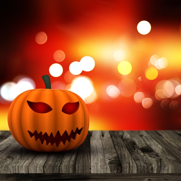 Foto gratuita fondo 3d de halloween con calabaza en una mesa de madera