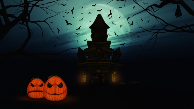 Fondo 3D de Halloween con castillo espeluznante y calabazas