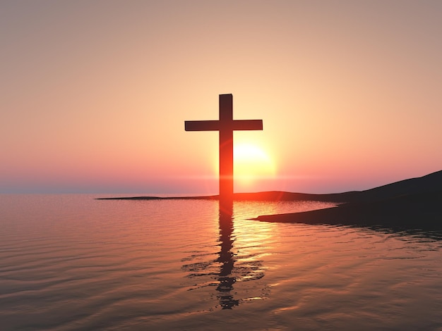 Fondo 3D de Viernes Santo con cruz contra un cielo al atardecer