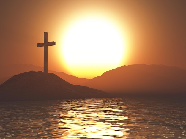 Foto gratuita fondo 3d de viernes santo con cruz en el paisaje del mar al atardecer