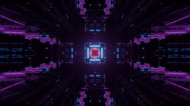 Fondo abstracto azteca futurista púrpura y negro con cuadrados y luces de neón