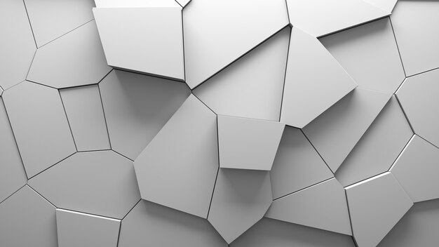 Fondo abstracto de bloques de voronoi extruidos. Muro corporativo limpio de luz mínima. Ilustración de superficie geométrica 3D. Desplazamiento de elementos poligonales.