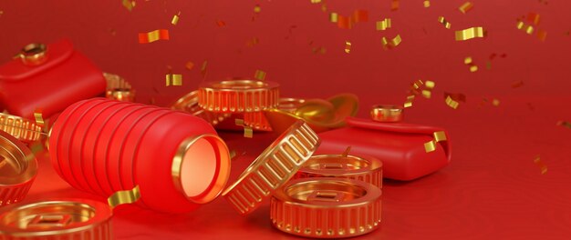 Fondo de año nuevo chino con decoraciones ilustración 3d