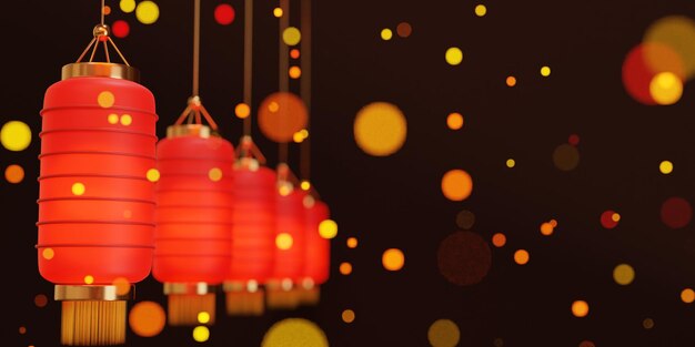 Fondo de año nuevo chino con lámparas y luces bokeh ilustración 3d