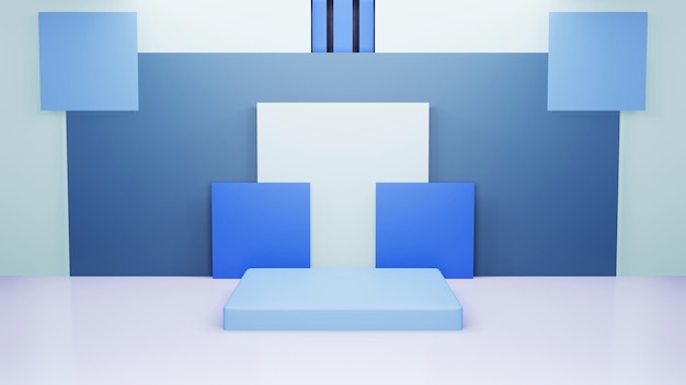 Fondo arquitectónico abstracto con instalación de cajas blancas y azules 3d render ilustración