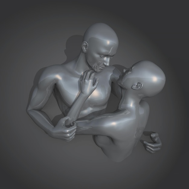 Fondo de arte moderno 3D con pareja de plata metálica en abrazo