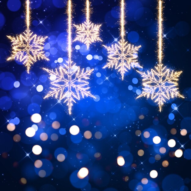 Fondo azul de navidad con luces bokeh y copos de nieve 