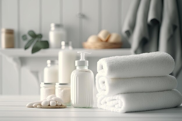 Fondo de baño spa Toallas en escritorio blanco cerca de paredes blancas y accesorios interiores con espacio de copia Colores blancos neutros Ai generativo