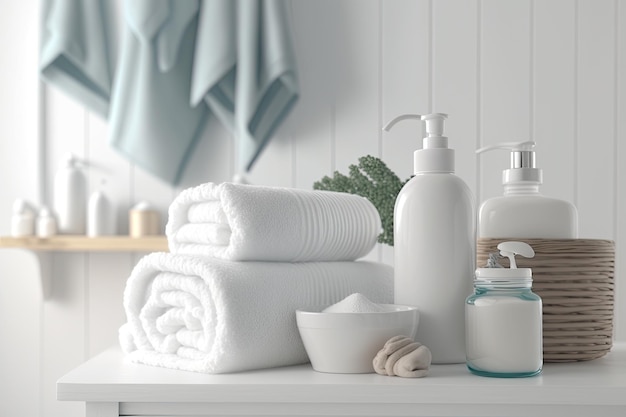 Fondo de baño spa Toallas en escritorio blanco cerca de paredes blancas y accesorios interiores con espacio de copia Colores blancos neutros Ai generativo