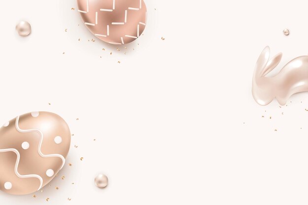 Fondo beige del festival de Pascua con conejito de oro rosa 3D y huevos