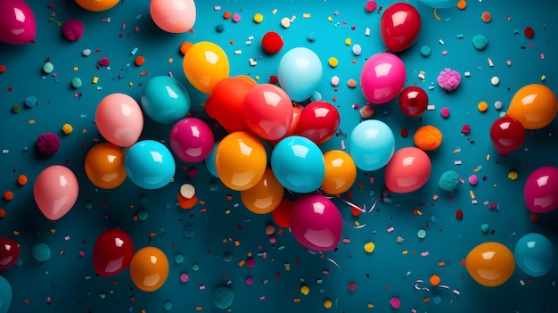 Fondo de celebración de fiestas con confeti y globos de colores