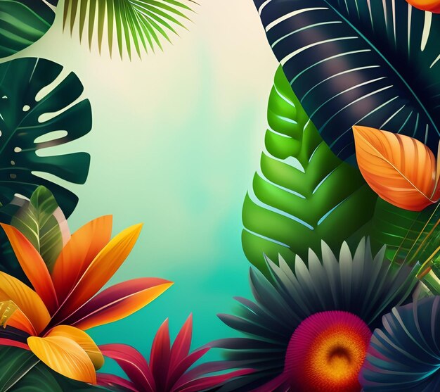 Un fondo colorido con hojas y flores tropicales.