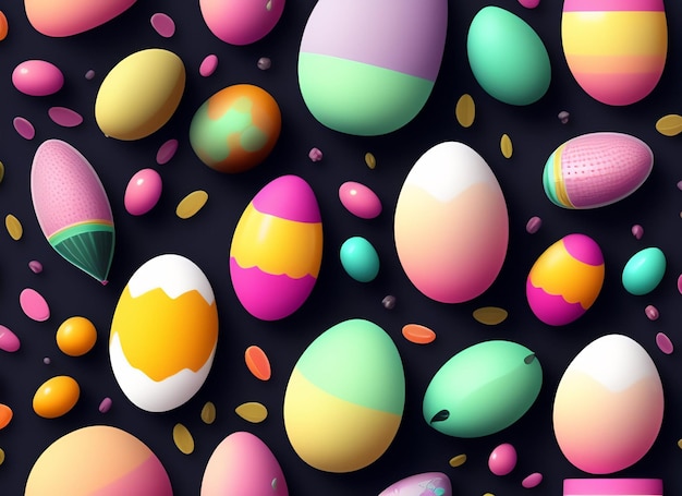 Un fondo colorido con muchos huevos y las palabras "pascua" en la parte inferior.