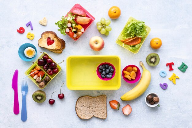 Fondo de comida sana para niños, preparación de lonchera