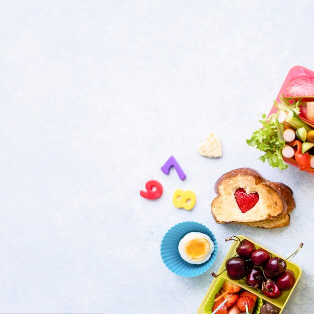 Fondo de comida sana para niños, preparación de lonchera