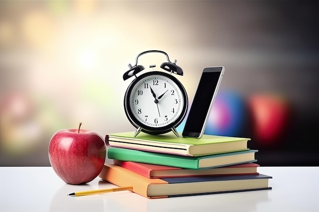 Fondo de concepto de escuela Fondo de libros reloj manzana y lápices de colores Ai generativo