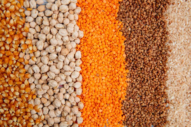 Fondo de diferentes tipos de granos de maíz, garbanzos, lentejas rojas, trigo sarraceno y arroz vista superior