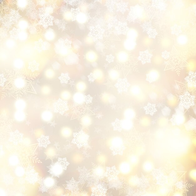 Fondo dorado de Navidad con copos de nieve y estrellas