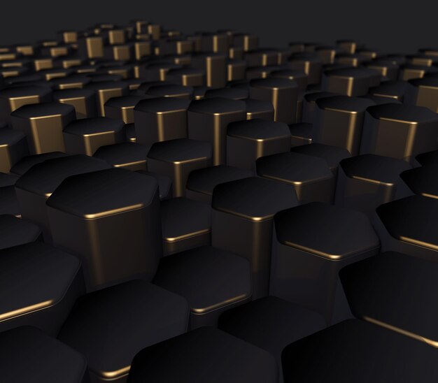 Fondo elegante en 3D con paisaje de extrusión de hexágonos en negro y dorado