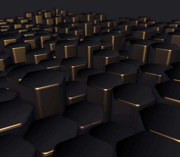 Fondo elegante en 3D con paisaje de extrusión de hexágonos en negro y dorado