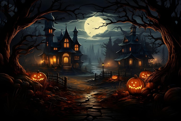 fondo de escena de halloween con calabazas, murciélagos y luna llena