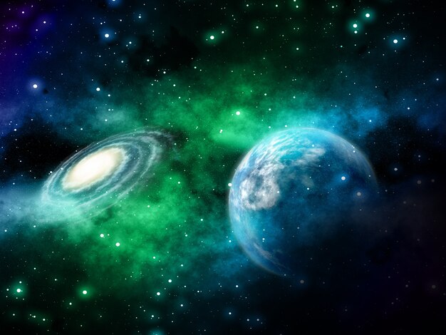 Fondo de espacio 3D con planetas ficticios y nebulosa.