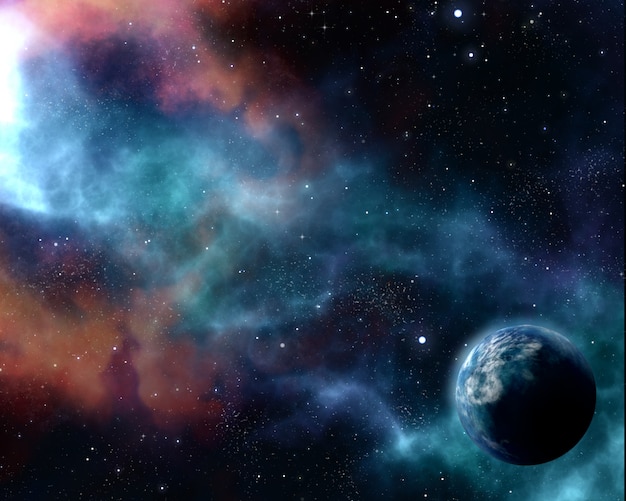Fondo estrellado del cielo nocturno 3D con planeta abstracto y nebulosa