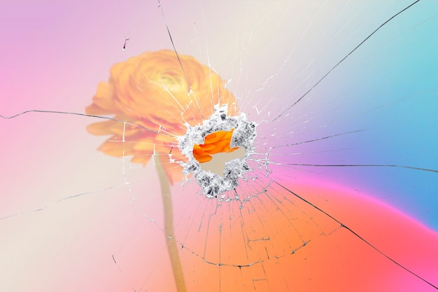 Fondo de flor de ranúnculo naranja con efecto de vidrio roto