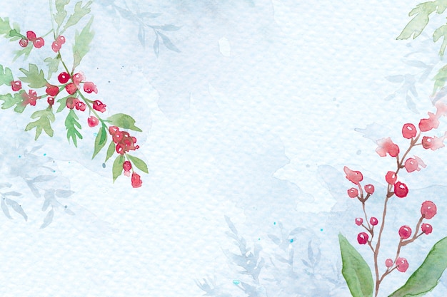 Fondo floral de borde navideño en azul con un hermoso winterberry rojo