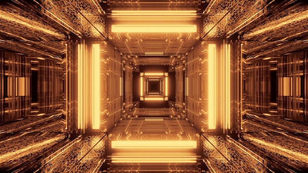 Fondo futurista de ciencia ficción abstracta con luces de neón doradas