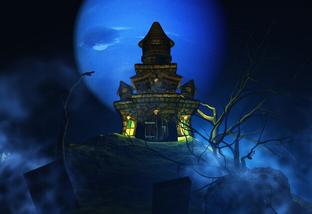 Fondo de Halloween 3D con castillo espeluznante