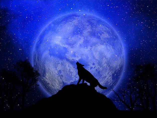 Fondo de Halloween 3D con lobo aullando contra la luna