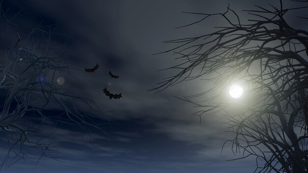 Fondo de Halloween con árboles espeluznantes contra un cielo iluminado por la luna