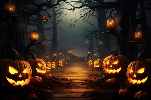 Fondo de Halloween con calabazas aterradoras, velas y murciélagos en un bosque oscuro por la noche