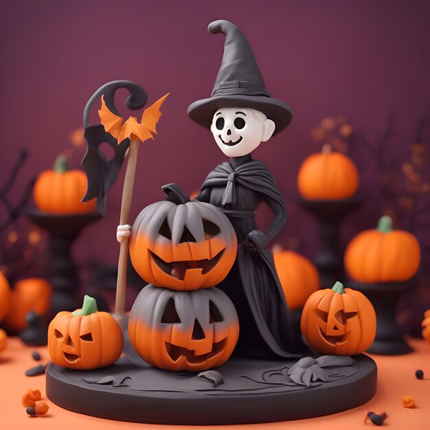 Fondo de Halloween con calabazas y renderizado witch3d