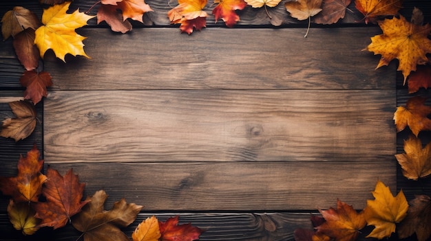 Fondo de hojas secas de otoño con madera